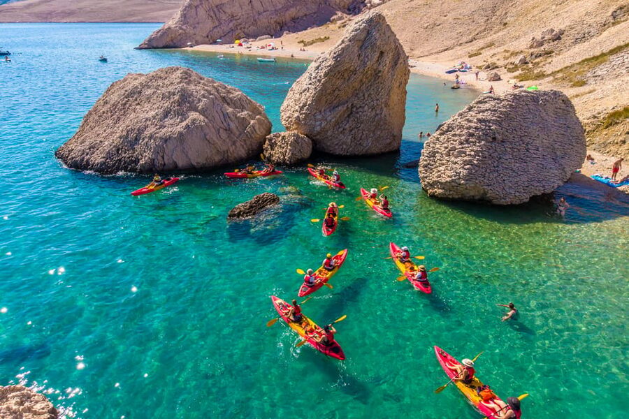 From Metajna/Novalja: Pag Bay Guided Sea Kayaking Tour - Ručica Beach start and the Life on Mars sign
